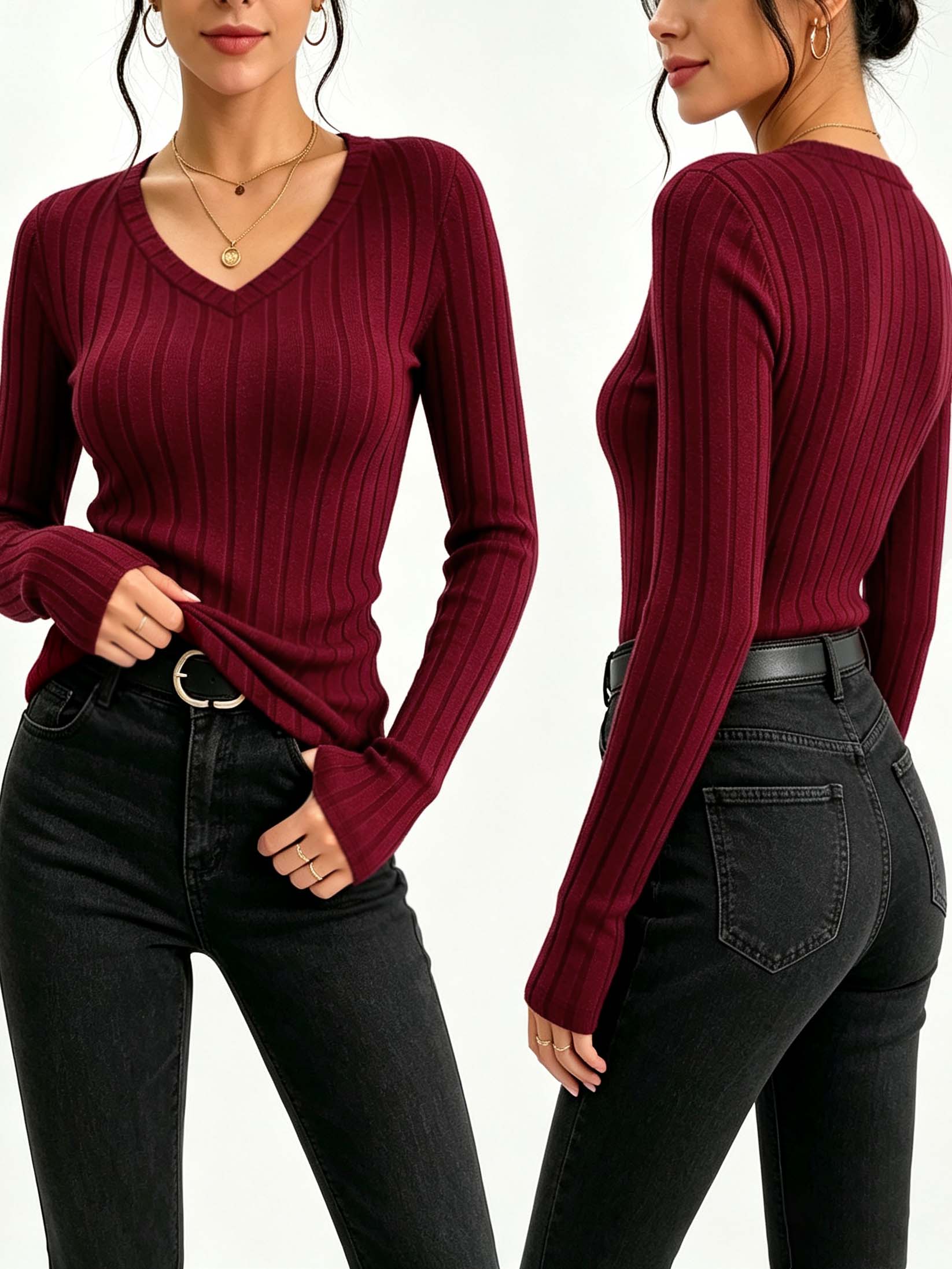 Women Solid V‑Neck Ribbed Knit - Wallpaper 评论和价格