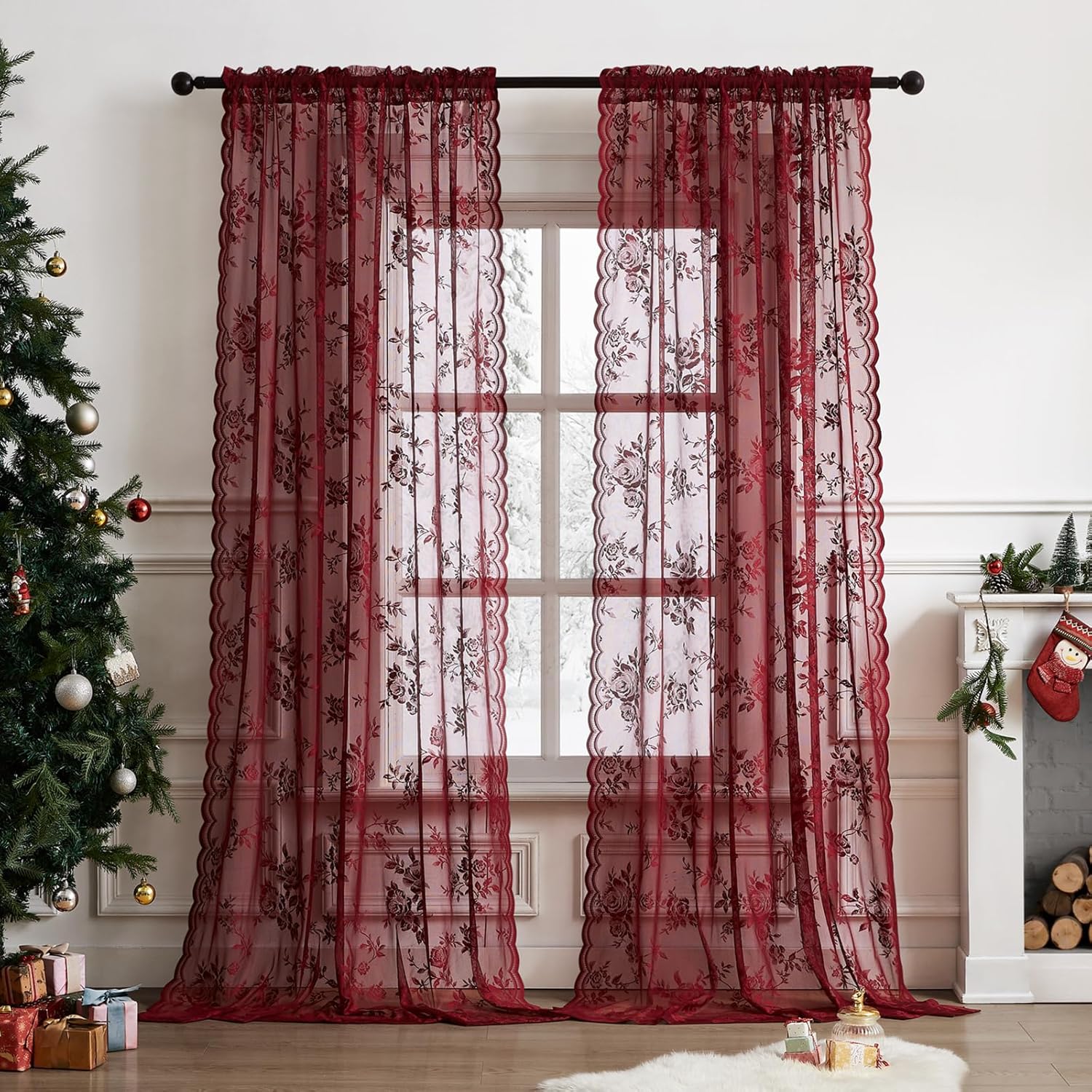 1 PC Burgundy Lace Curtains 45 - Curtain Rods 评论和价格